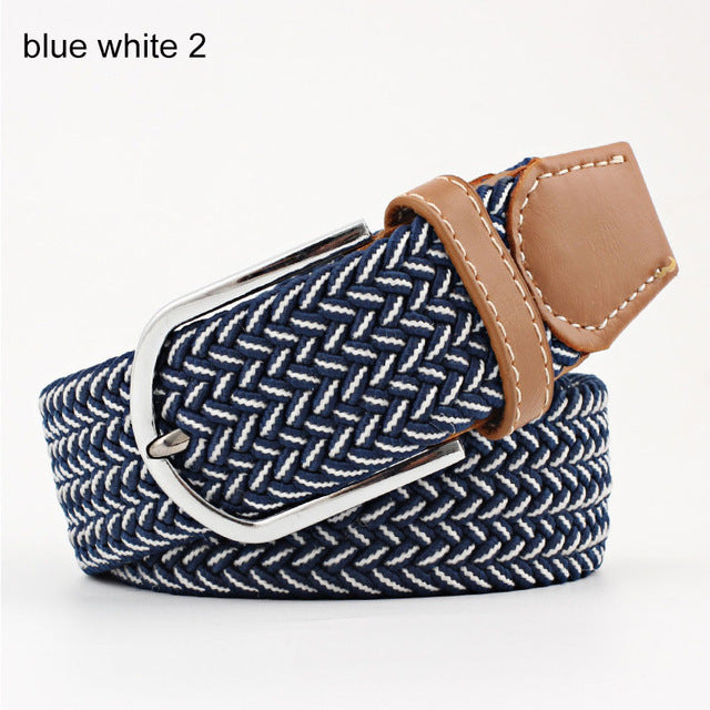 Women's Elastic Woven Belt with Faux Leather Trim & Metal Buckle - Image 16