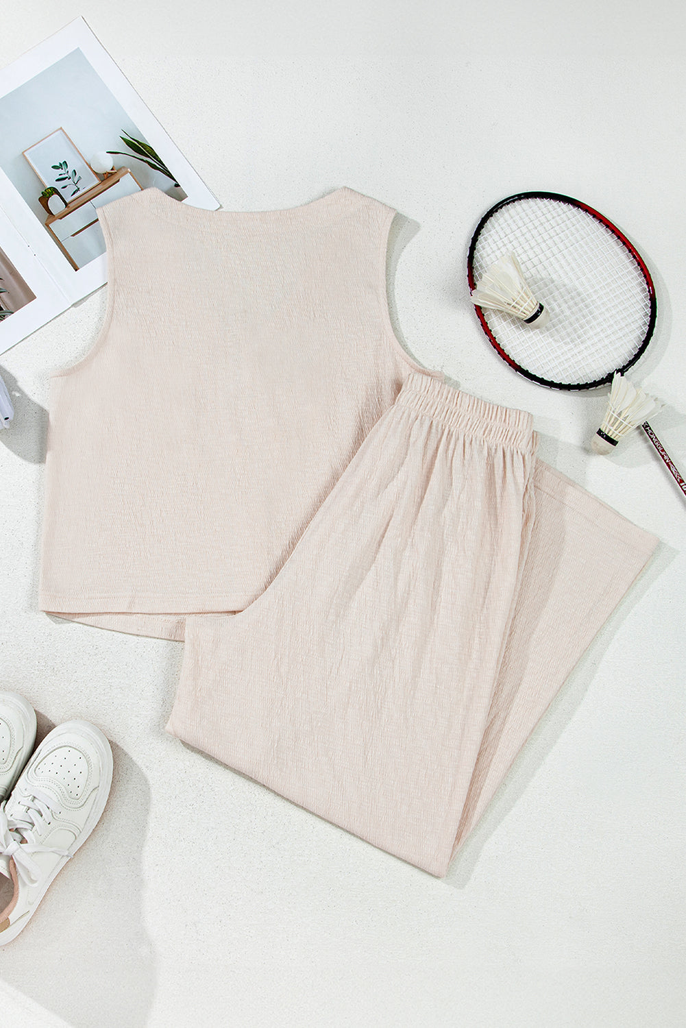 Apricot Buttoned V Neck Tank Top and Wide Leg Pants Casual Outfit