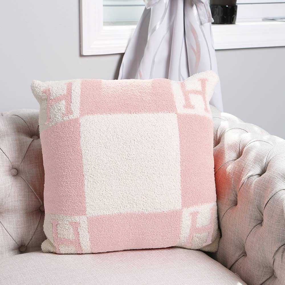 Pink H Patterned Cushion Cover 18x18 square pillow case on a neutral background