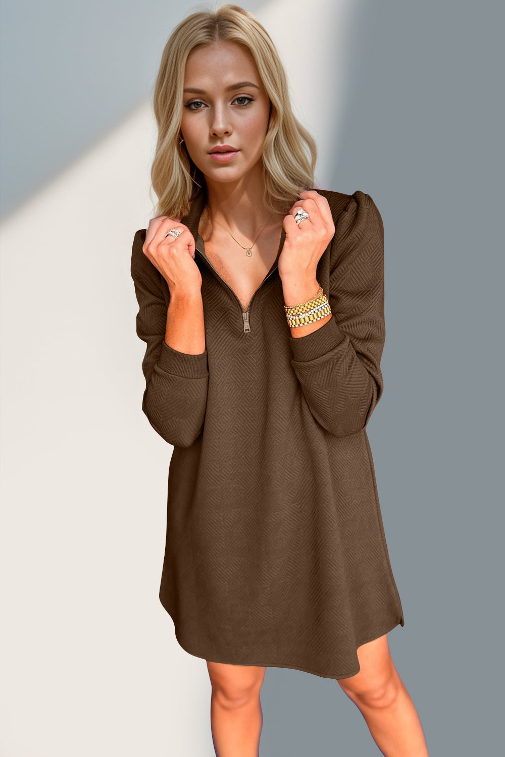 Textured Zip-Front Long Sleeve Dress - Elegant Women's Apparel