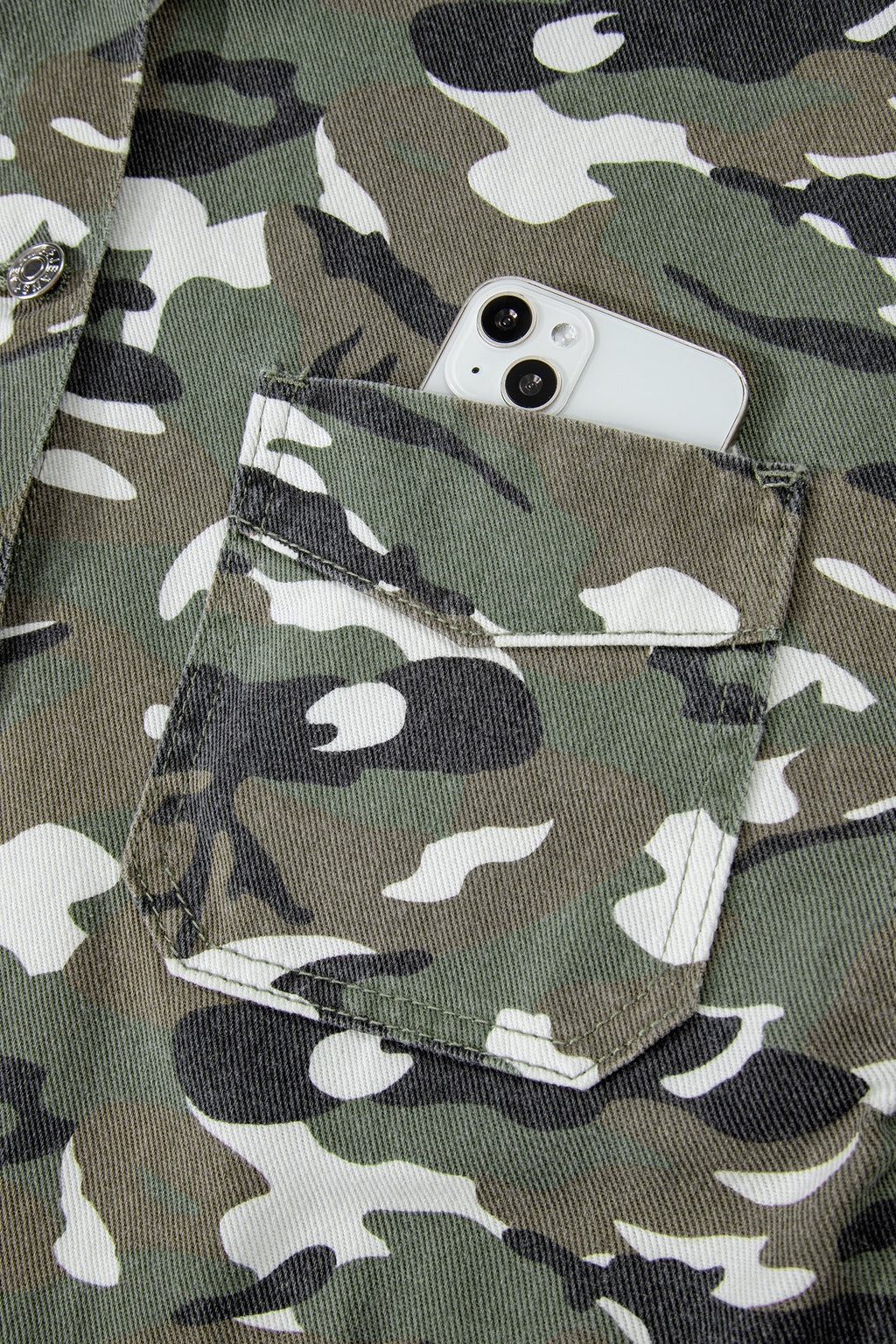 Green Camo Chest Pockets Loose Jean Jacket