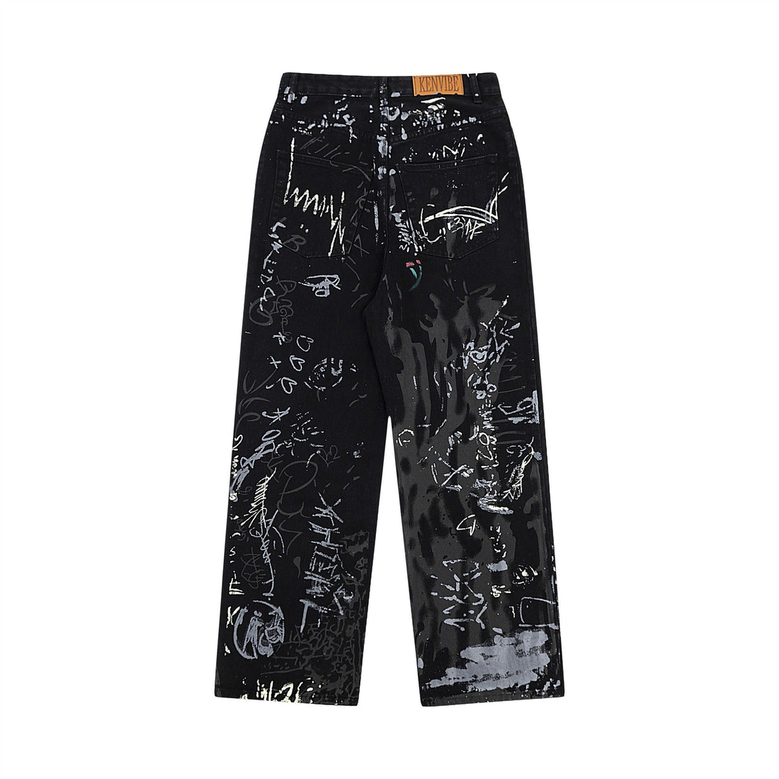 Back view of black wide leg denim jeans with white graffiti print, featuring a 'KENVIBE' label on the waistband.