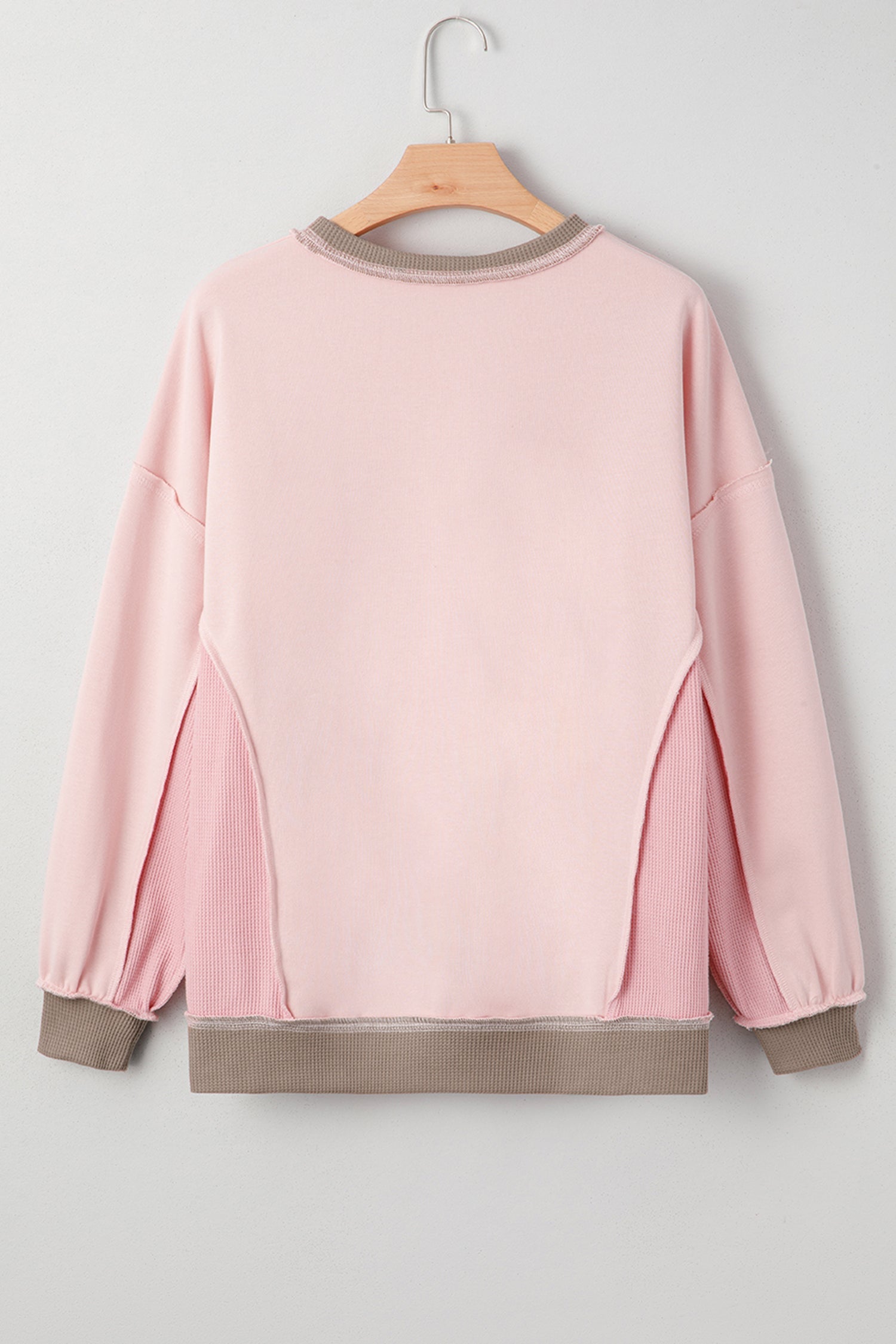 Light Pink Heart Bow Embroidered Waffle Patchwork Sweatshirt