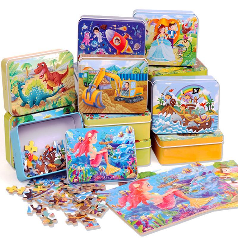 60-piece wooden jigsaw puzzle with vibrant cartoon animal illustrations for kids
