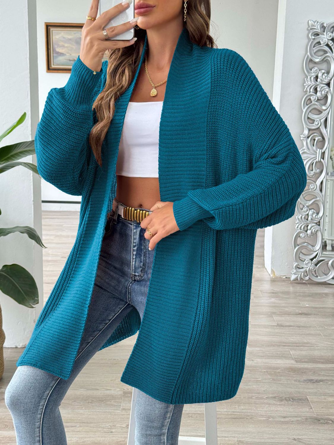 Women's Long Sleeve Open Front Ribbed Knit Cardigan in Rust - Image 15