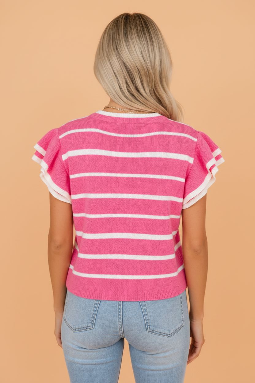 Stripe Ruffle Short Sleeve Knit Sweater for Women