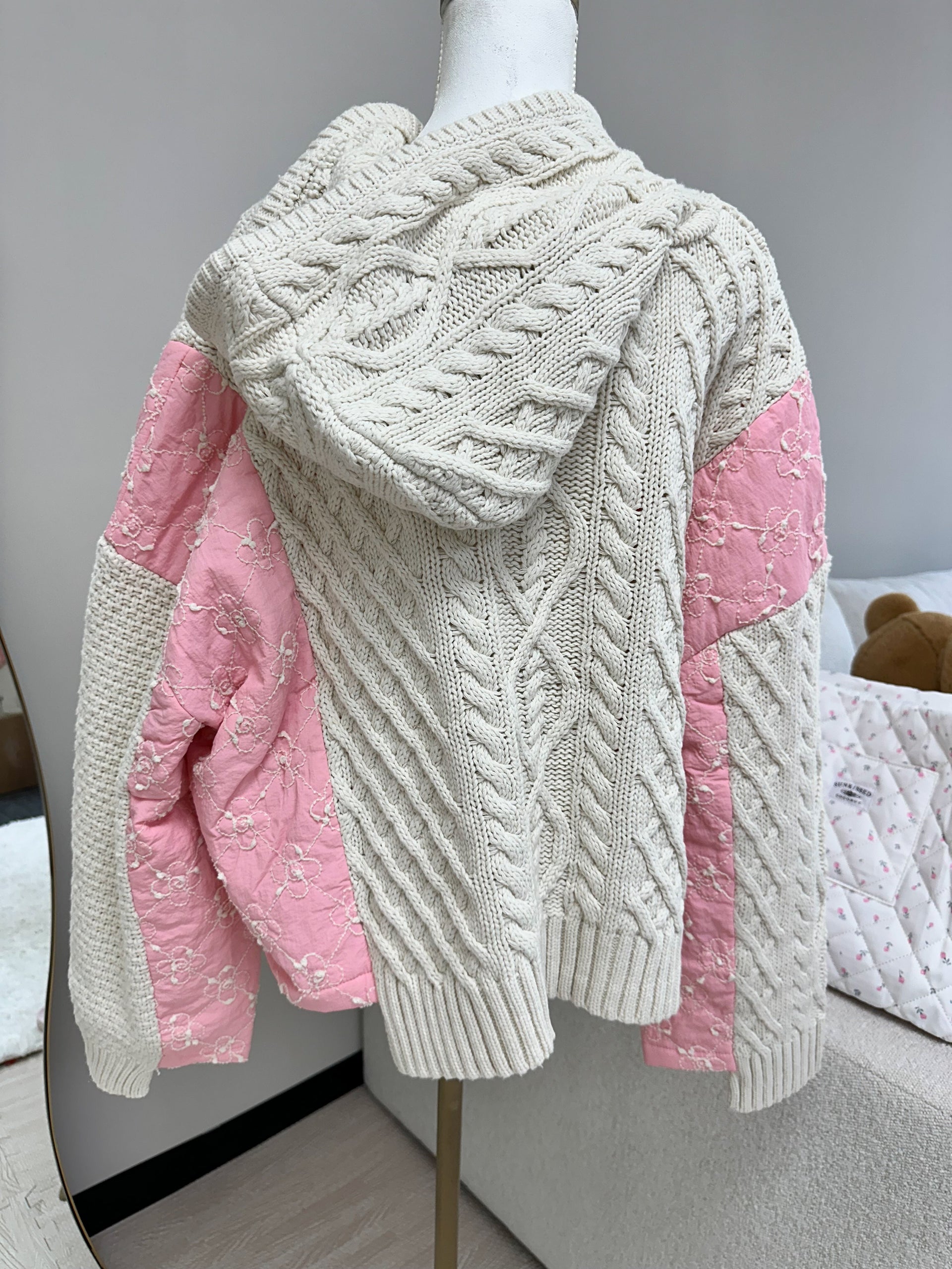 Pink Blossom Quilted Cotton Hoodie Sweater with Metal Buttons