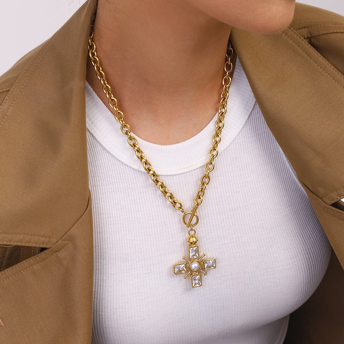 18K gold cross inlaid gemstone design high-end necklace ring set