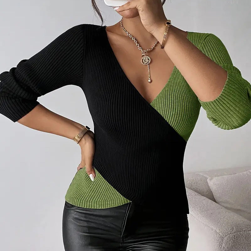 Women's V-Neck Cross Front Color Block Knit Sweater