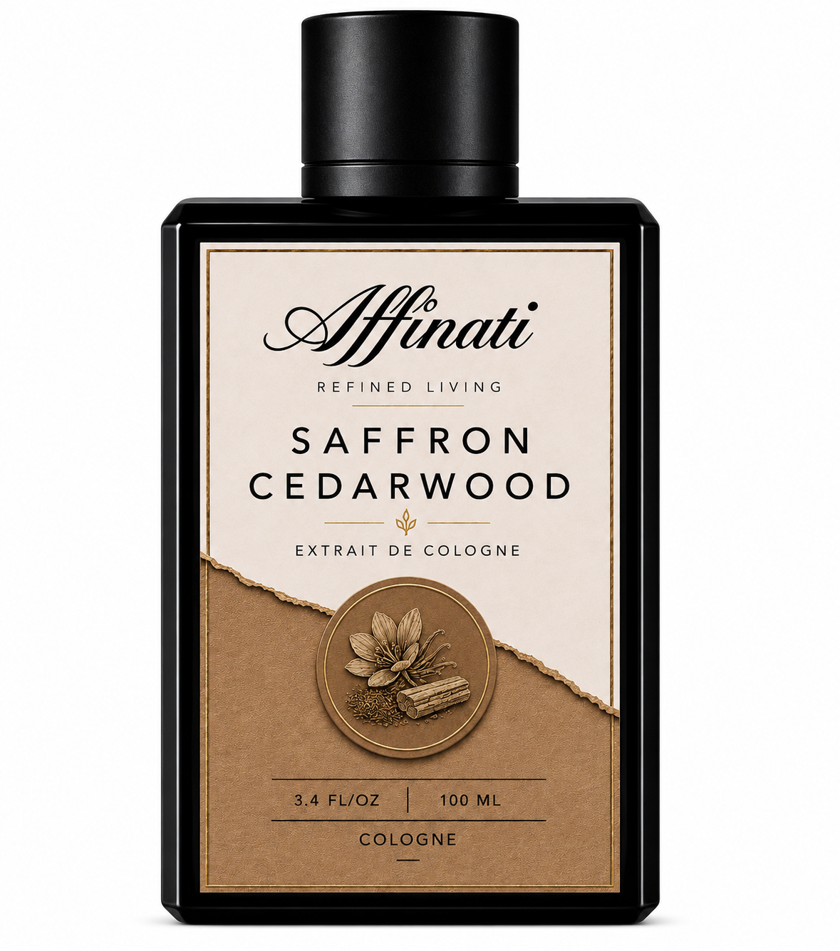 Saffron Cedarwood Extrait de Cologne in a minimalist glass bottle, 100ml.