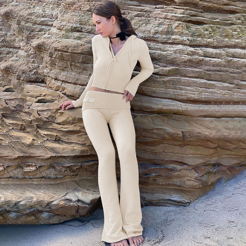 Women's Cozy Knitted 2-Piece Set - Cardigan & High-Waisted Pants