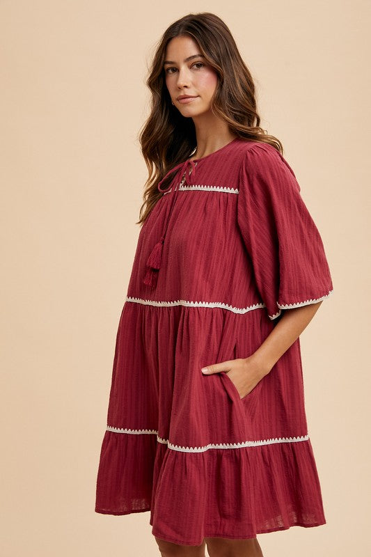 Tassel Contrast Trim Tiered Dress with Tie Neck