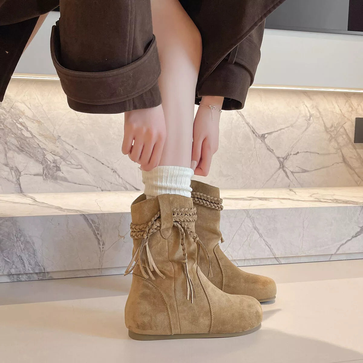Suede Fringe Round Toe Boots with Block Heel