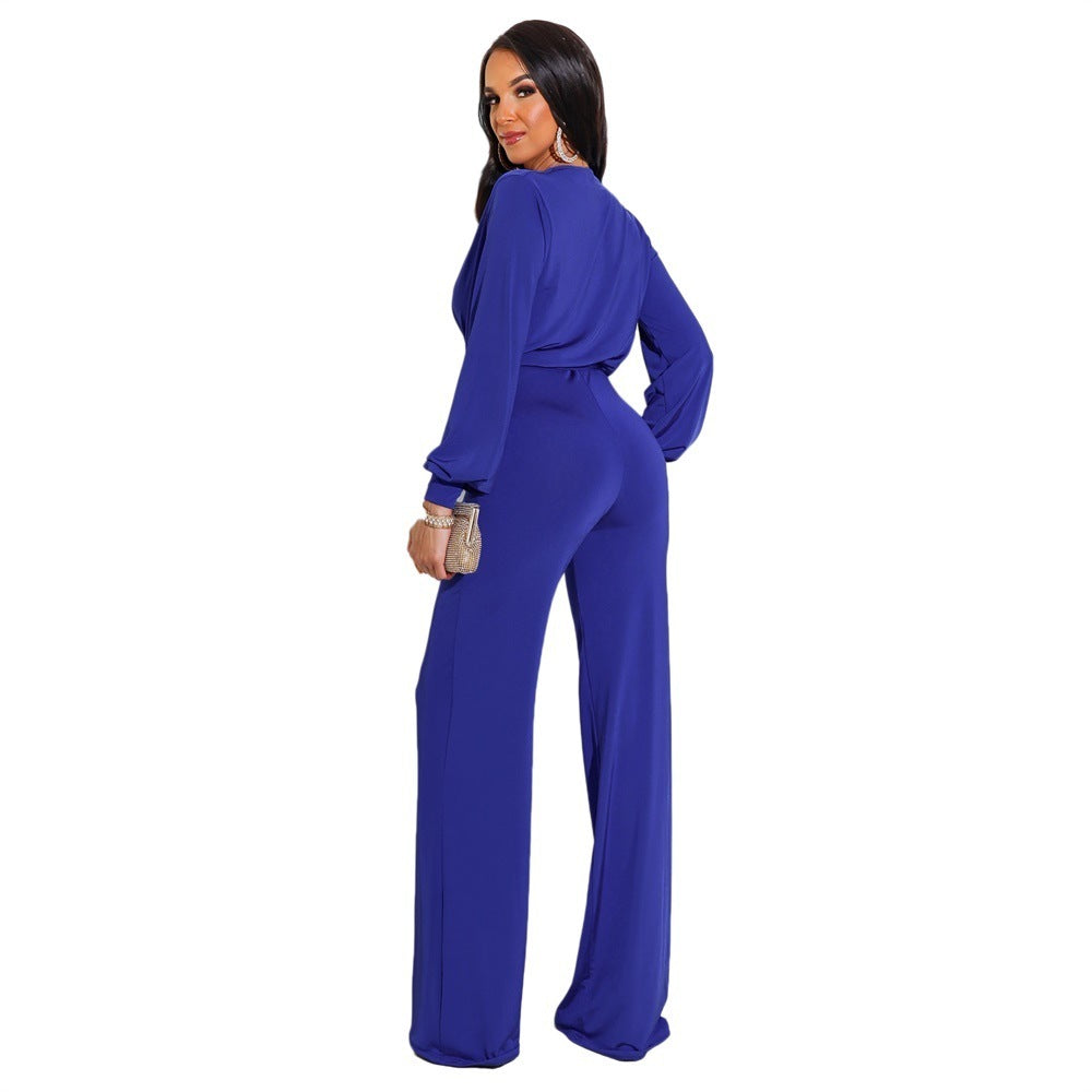 Women's Solid Color Casual Long Sleeve Jumpsuit with Belt