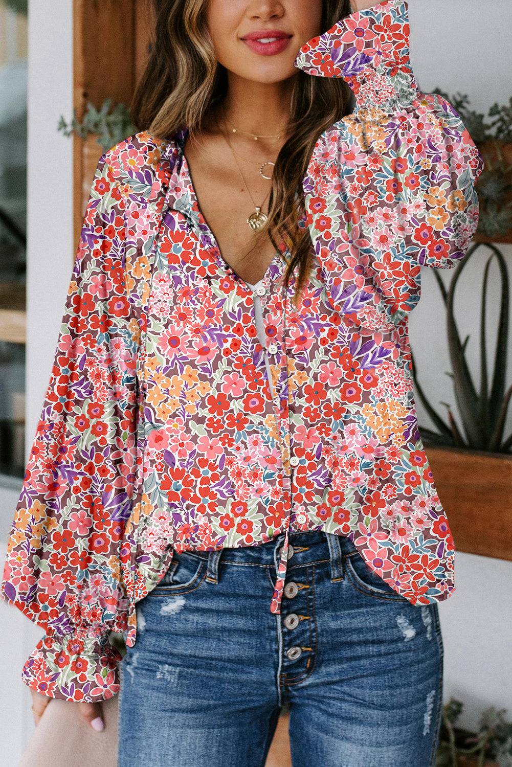 Yellow Cakewalk Floral Smocked Blouse with Long Sleeves - Image 6