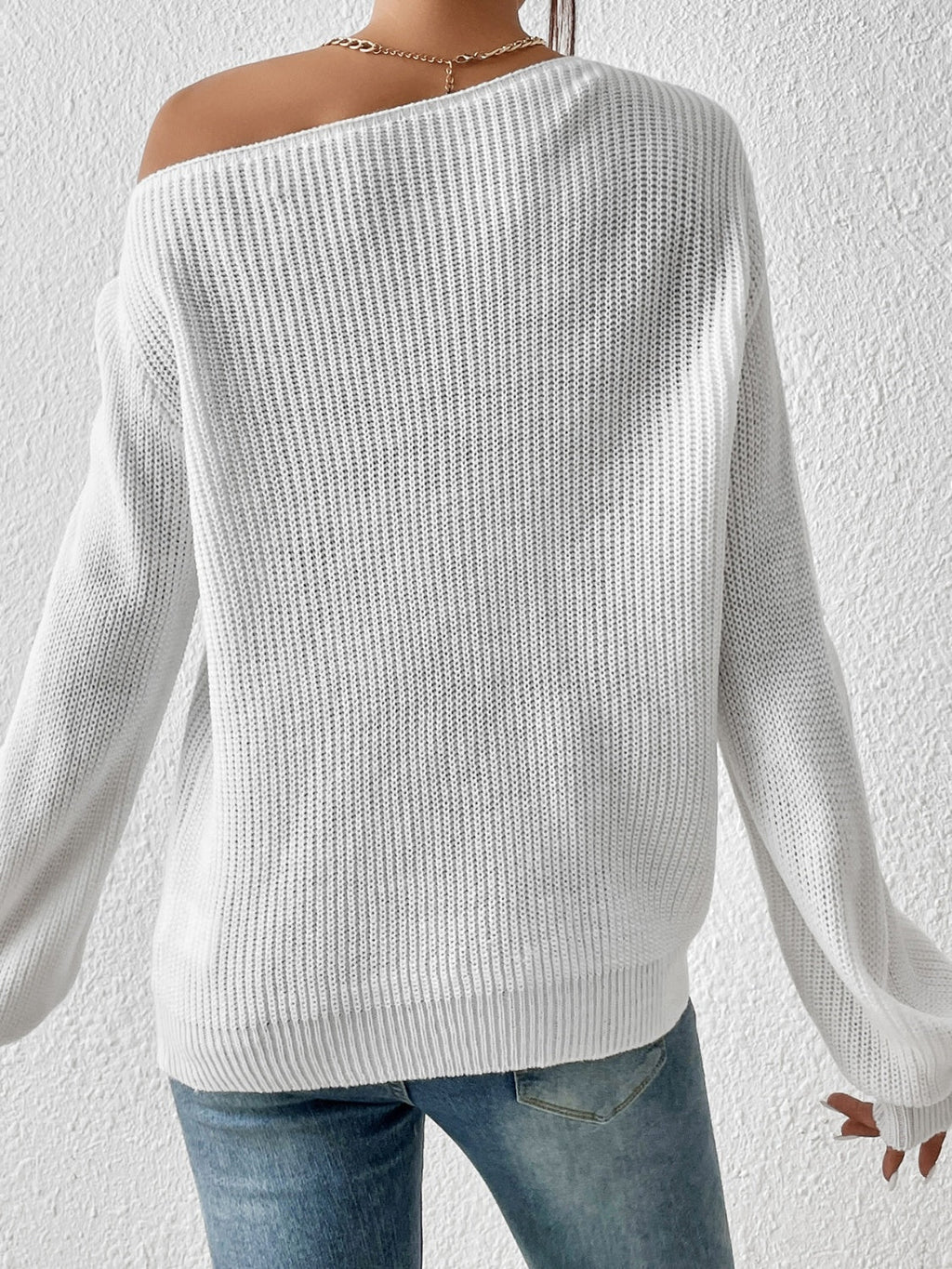 Women's White Off-the-Shoulder Long Sleeve Ribbed Knit Sweater - Image 2