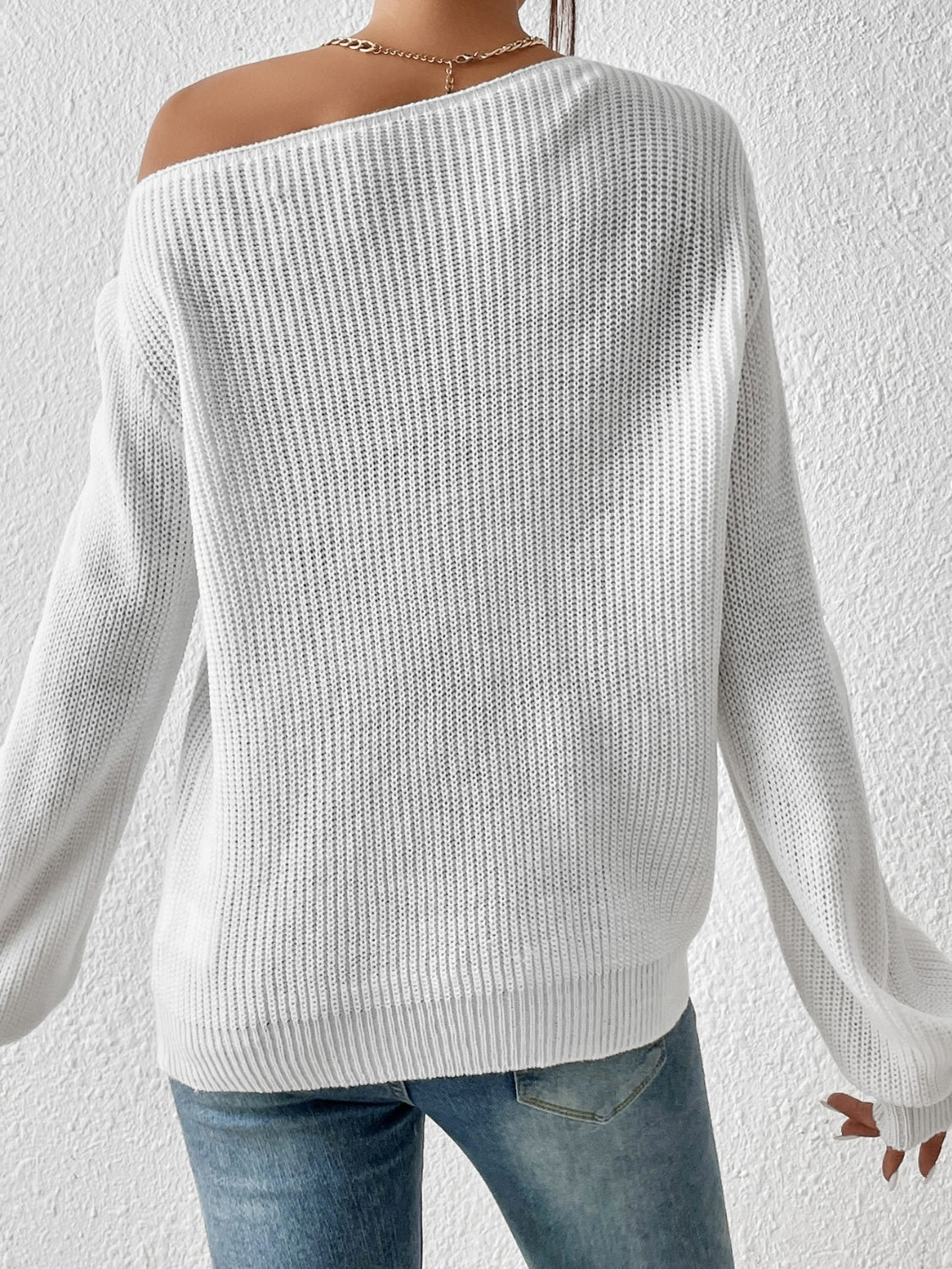 Women's White Off-the-Shoulder Long Sleeve Ribbed Knit Sweater - Image 2