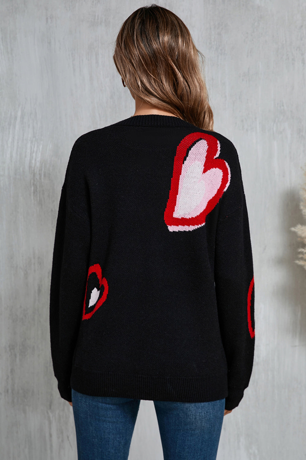 White Pink and Red Heart Print Long Sleeve Crew Neck Sweater - Image 8