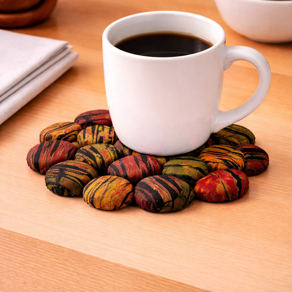 Set of four vibrant, geometric Ugandan fabric-wrapped bottle cap coasters on a wooden coffee table.