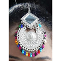 Oxidized silver maang tikka with mirror work and multicolor hanging drops