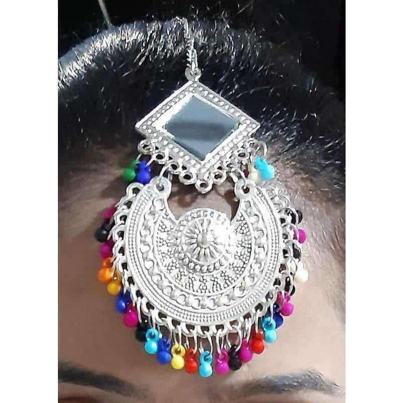 Oxidized silver maang tikka with mirror work and multicolor hanging drops