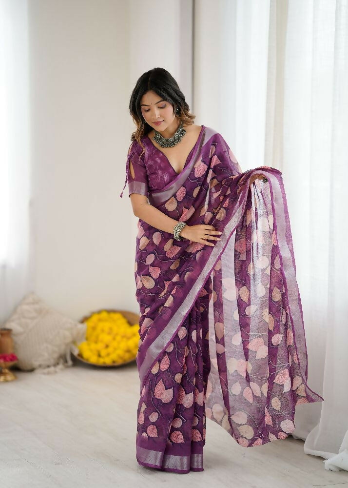 PR Fashion Purple Linen Patta Printed Saree