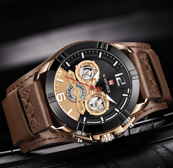 Men's Waterproof Chronograph Watch with Leather Strap & Dial Window