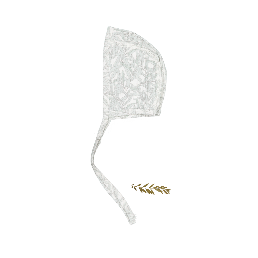 Vintage cottagecore style bonnet in white and sage-green cotton