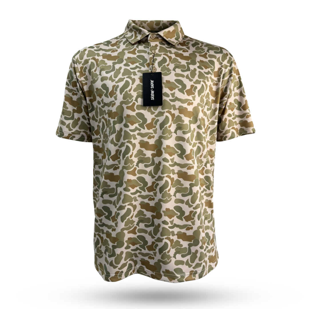 Club Country green, brown, and beige camo golf polo shirt.