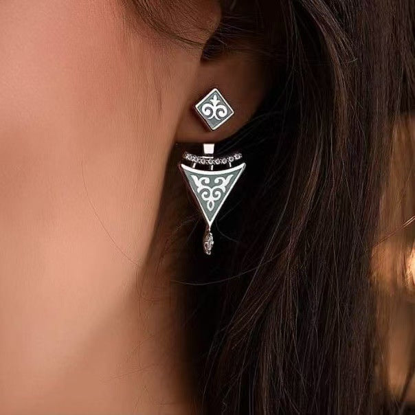 Kazakh-inspired waterdrop and inverted triangle stud earrings in silver and pale-green