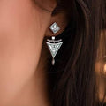 Kazakh-inspired waterdrop and inverted triangle stud earrings in silver and pale-green