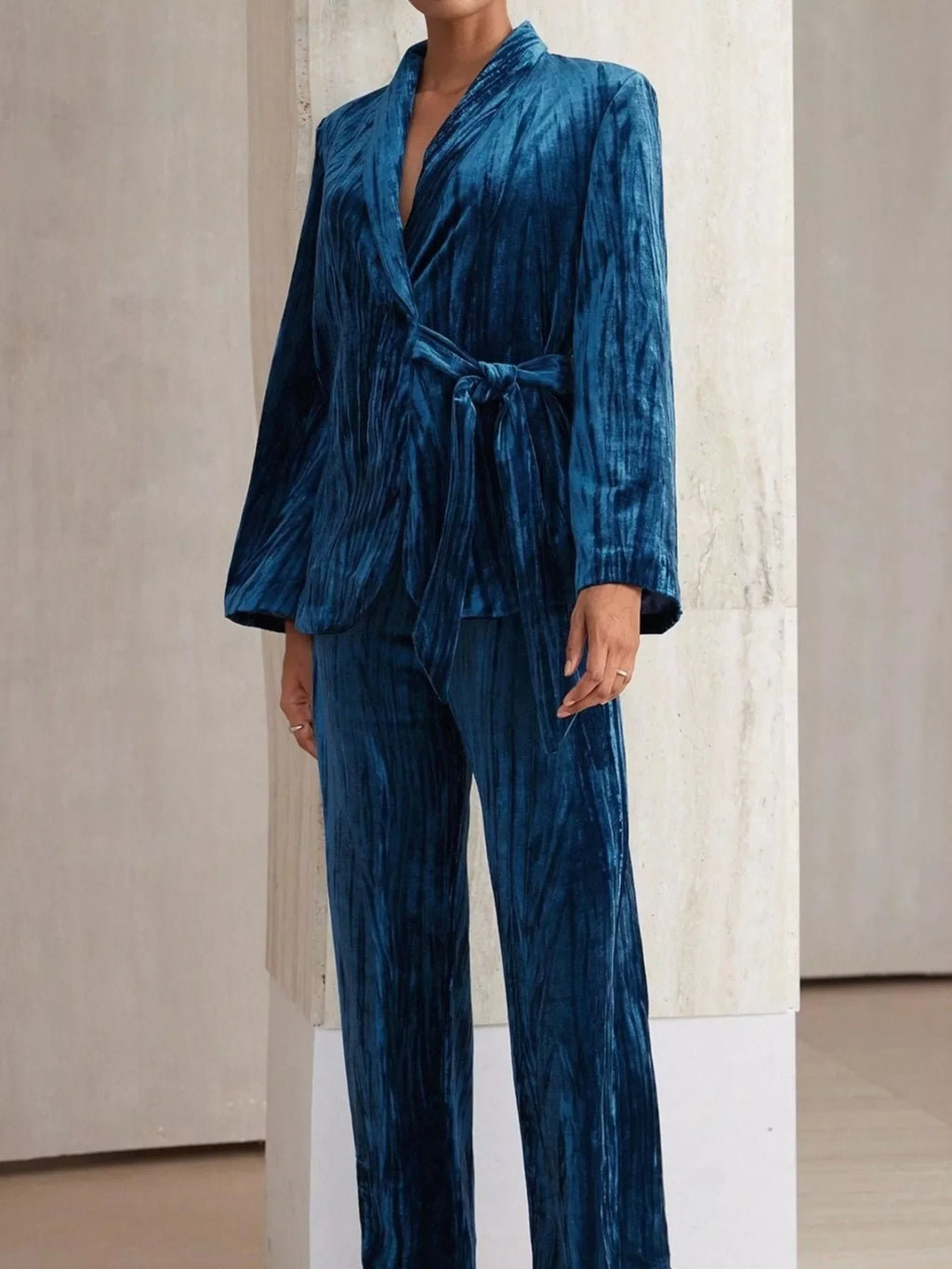 Velvet Tie Waist Blazer and Pants Set
