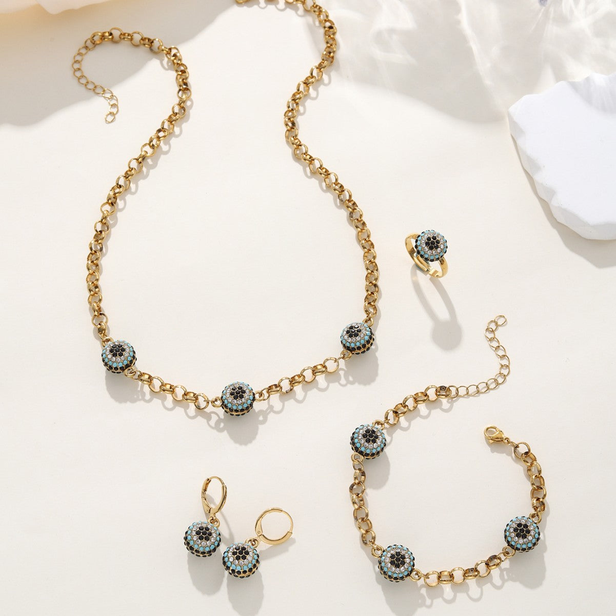 Bohemian Evil Eye Jewelry Set with Gold-Tone Necklace and Bracelet