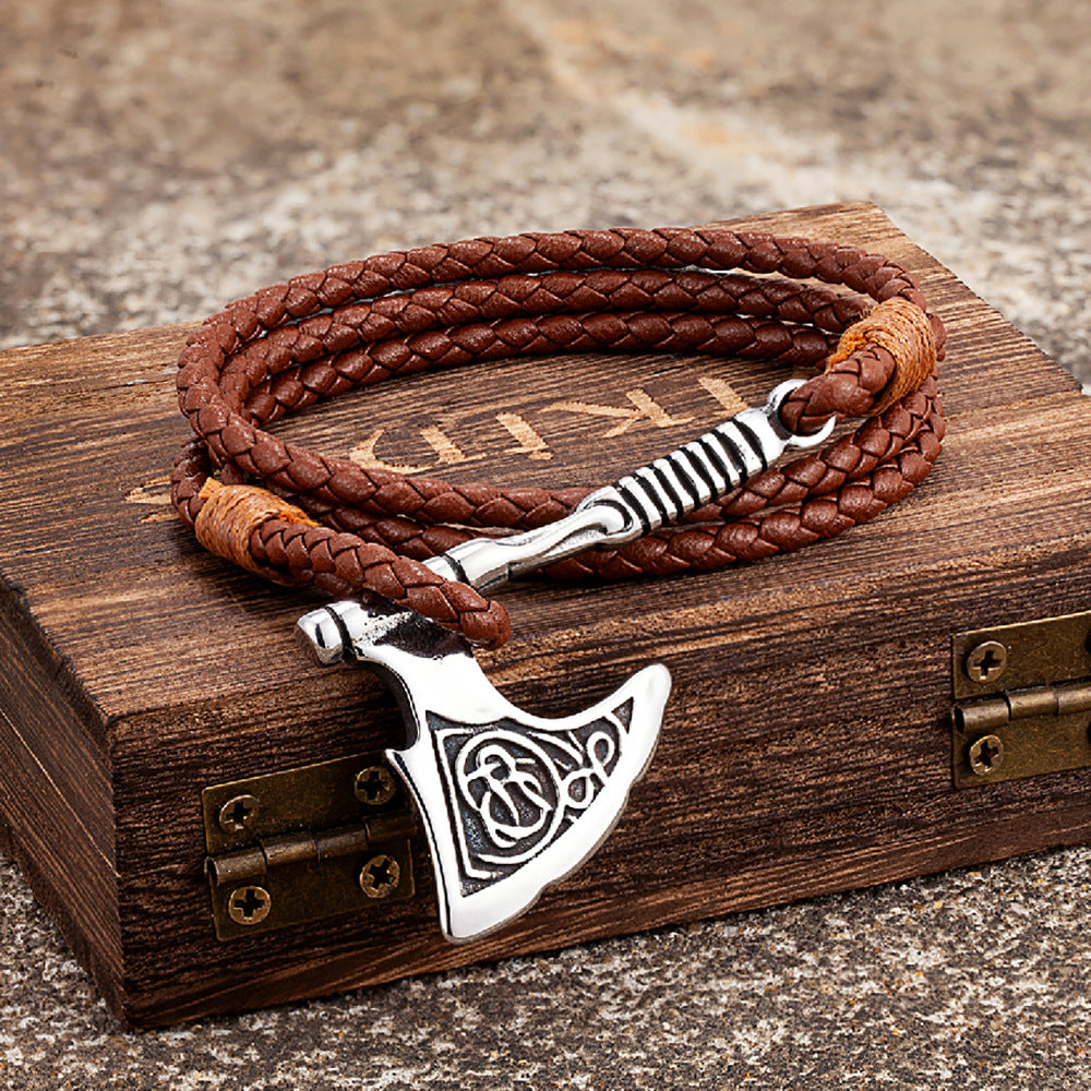 Handmade Leather and Stainless Steel Axe Pendant Rope Bracelet