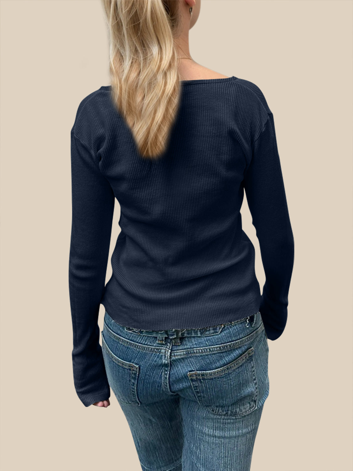 White Waffle Knit Long Sleeve Button Up Henley T-Shirt - Image 6