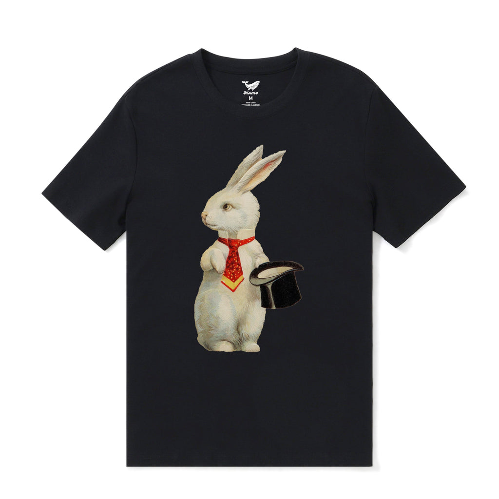 Black crew neck t-shirt featuring a vintage postcard graphic of a rabbit with a top hat