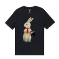 Black crew neck t-shirt featuring a vintage postcard graphic of a rabbit with a top hat