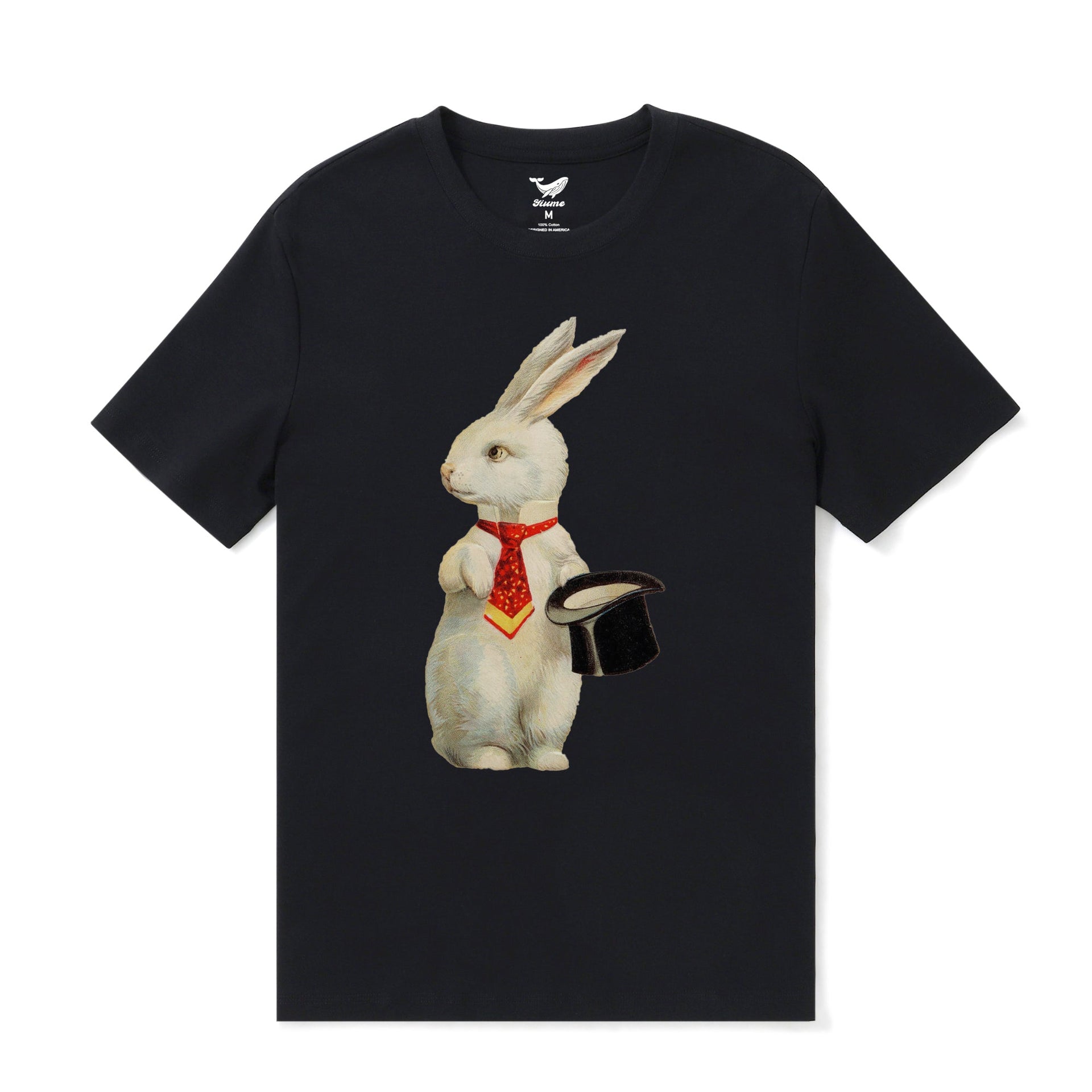 Black crew neck t-shirt featuring a vintage postcard graphic of a rabbit with a top hat