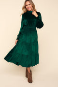 Elegant mock neck velvet dress with smocked waist and tiered skirt