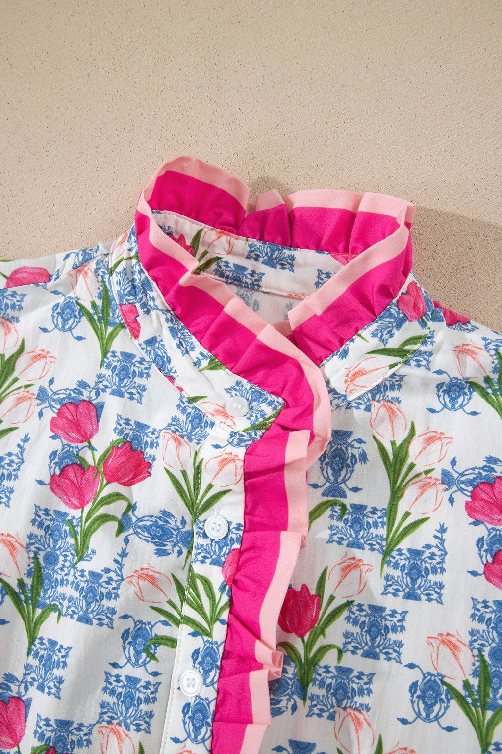 Aya Flutter Sleeve Half Blouse in White, Pink, and Blue