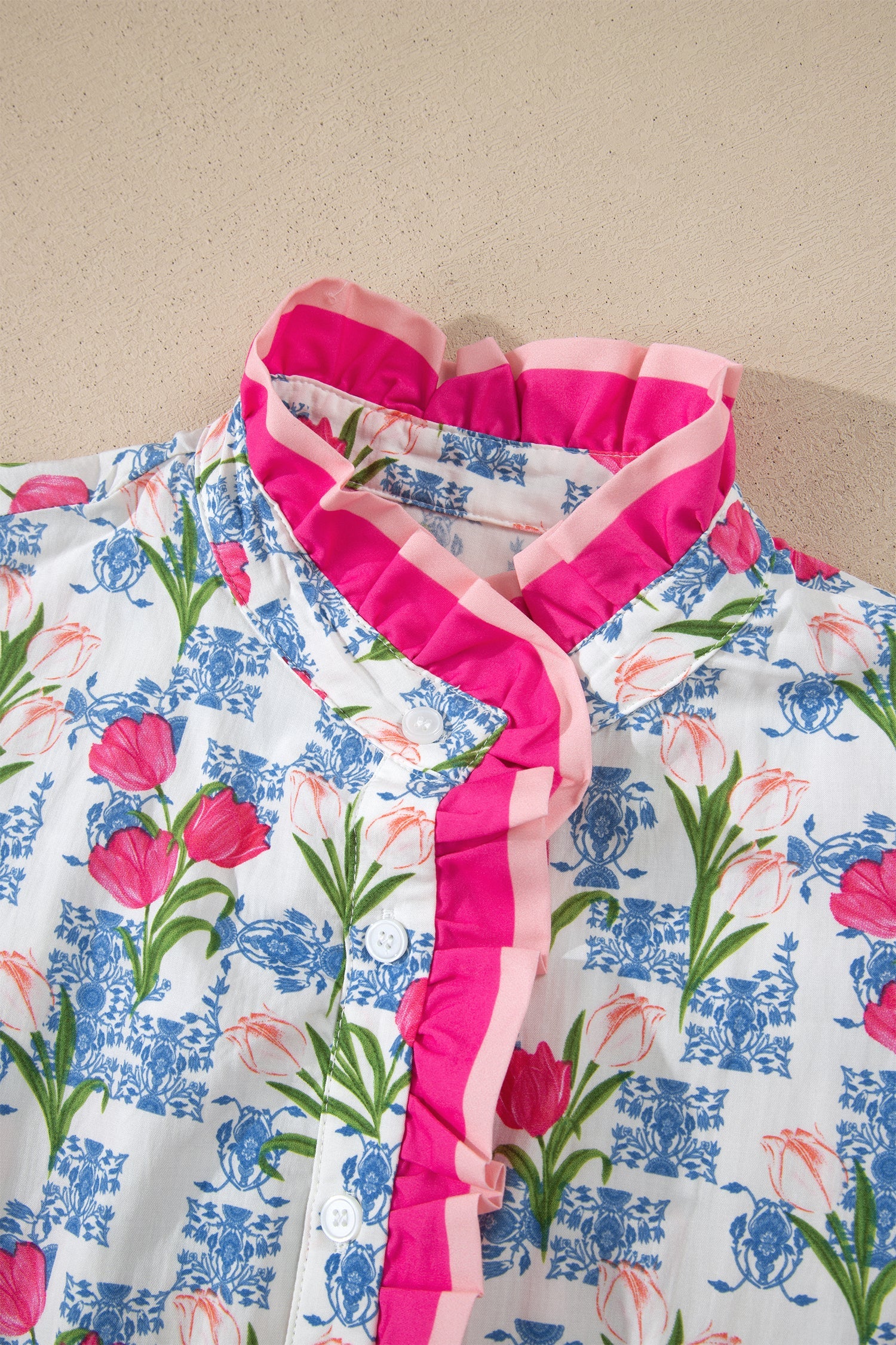 Aya Flutter Sleeve Half Blouse in White, Pink, and Blue