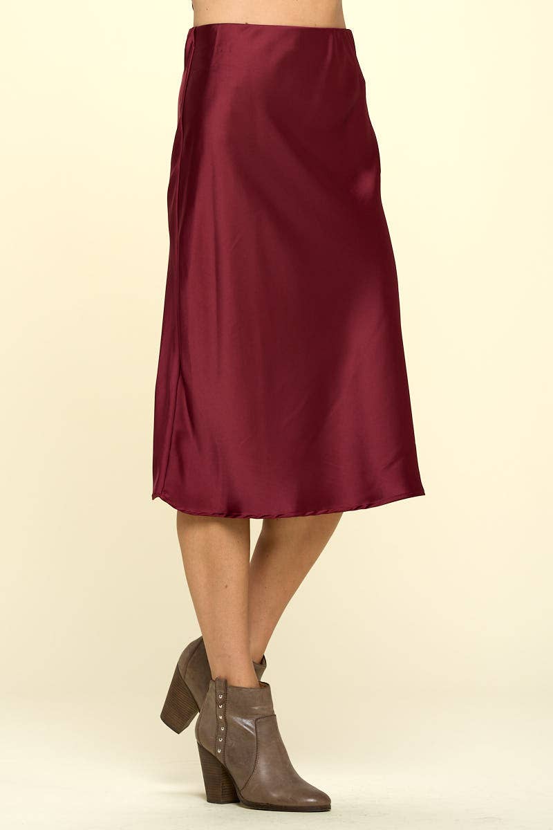 Women's Solid Satin Midi Skirt - Made in USA Burgundy Slip Skirt