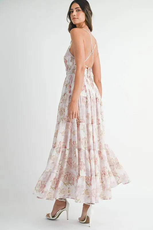 Floral Print Tiered Cami Maxi Summer Dress in White or Pink