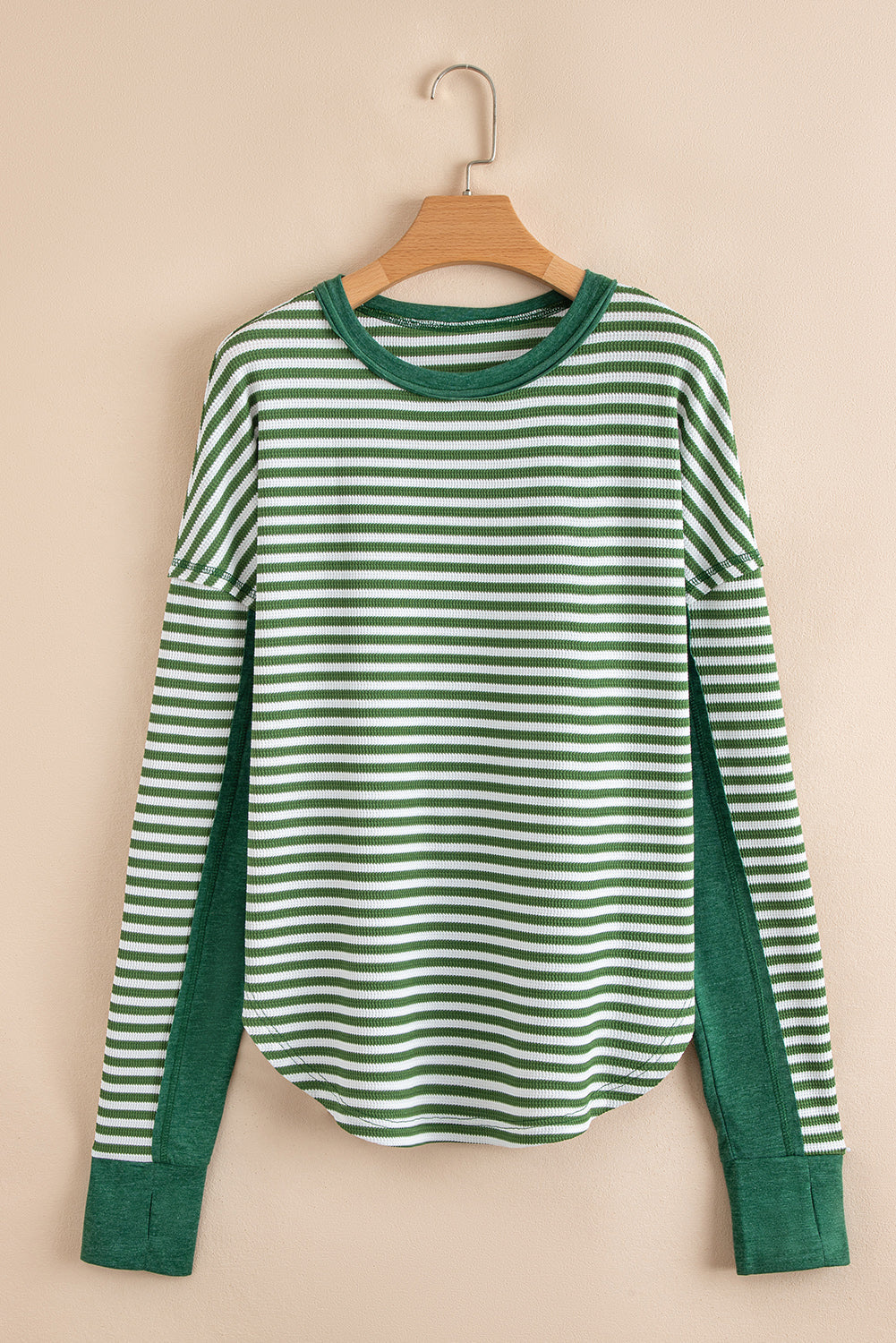 Khaki Stripe Thermal Knit Drop Shoulder Casual Top