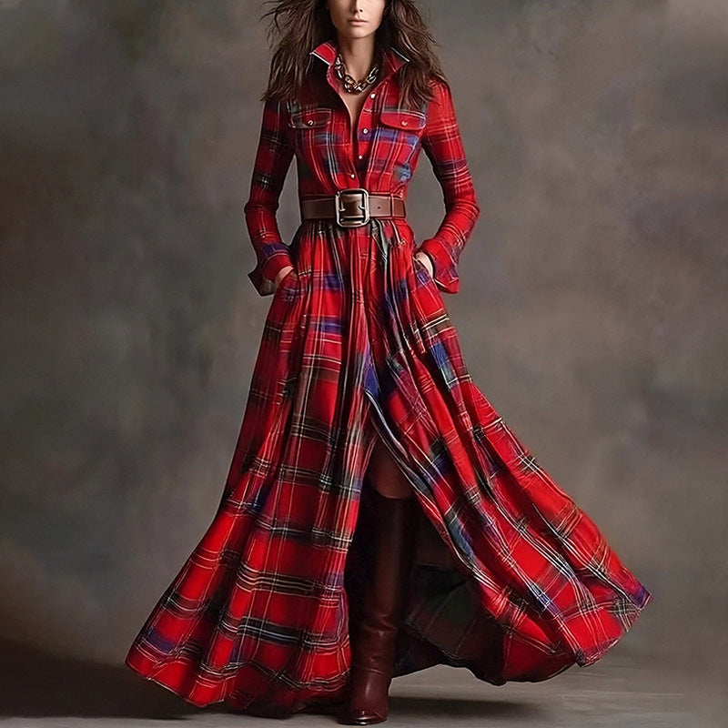 A woman wearing a long-sleeve plaid maxi shirt dress with a belt and lapel collar, styled with knee-high boots.