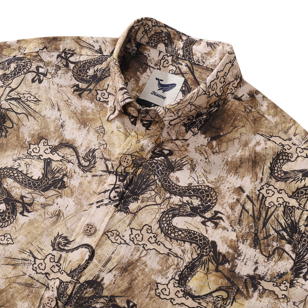 Chinese Dragon Totem Print Cotton Long Sleeve Aloha Shirt