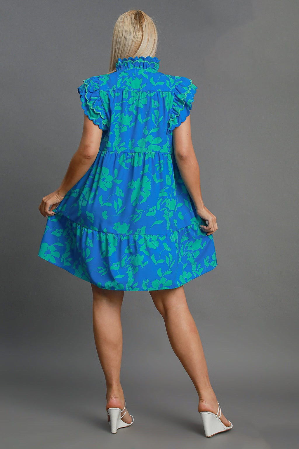 Blue Two-Tone Floral Print Ruffle Cap Sleeve Mini Dress