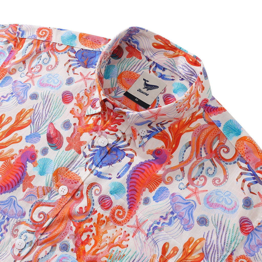 Men's Ocean Life Print Cotton Button-Down Short Sleeve Aloha Shirt