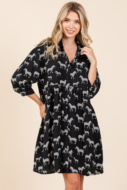 Zebra Print Button Down Shirt Mini Dress