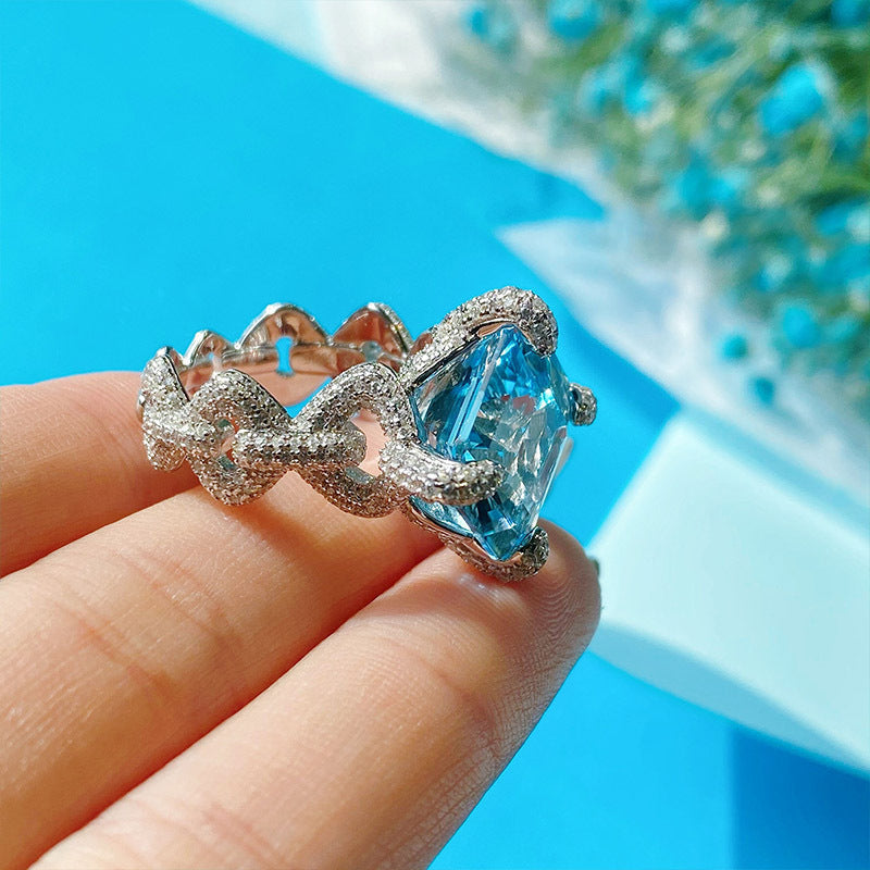 Square Cut Blue Gem Pave Ring, Sparkling Engagement Ring For Her